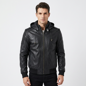 Blouson Bomber Homme en Cuir Véritable Noir avec Capuche, Épaulettes en Cuir de Vachette, Bordure en Tricot Côtelé, Vêtement d'Extérieur Classique Personnalisé Chaud pour l'Hiver - Product Image 1