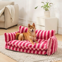 Canapé-lit rayé en fausse laine d'agneau pour animaux de compagnie-Lit lavable double couche pour chien et chat avec oreiller amovible, fond antidérapant pour la stabilité