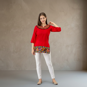 Wholesale Price S-XXL Size Embroidered Regular <b>Top</b> Women <b>Indian</b> Traditional Solid Tunic <b>Top</b> Rayon Kurti Casual Spring/Autumn - Product Image 3