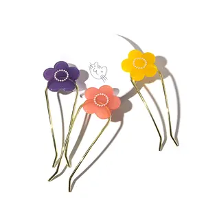 2021 new design acetate Sun flower hair fork for women manufacturer custom u shape hair fork accessories ladies girls hairpin