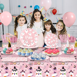<span class=keywords><strong>Assiettes</strong></span> en papier fantôme rose pour fêtes d'Halloween et du Día <span class=keywords><strong>de</strong></span> Muertos, articles <span class=keywords><strong>de</strong></span> fête <span class=keywords><strong>jetables</strong></span> à thème citrouille étrange - Product Image 5
