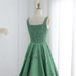 Fait sur mesure luxe perlé Dubai vert robes de soirée avec bretelles spaghetti femmes arabes robes de soirée de mariage Sz225-1 - Product Image 2