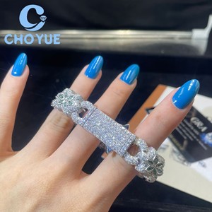 สร้อยข้อมือคิวบาประดับมอสซาไนต์ทรงมาร์คีส์สีน้ำเงินรอยัล เงินแท้ 925 ดีไซน์ดอกไม้ ชุบโรเดียม เครื่องประดับหรูหราสำหรับผู้หญิง - Product Image 4