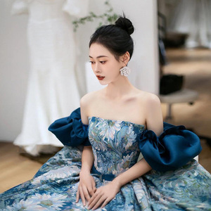 Off The Shoulder Floral Print Ball Gown Evening Dress Satin Floor Length Natural Waistline Adult Party Wear - Product Image 3