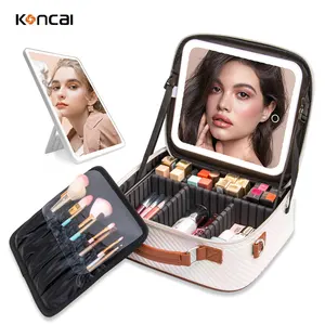KONCAI Make Up Cosmetic Box Accessories Terry Cloth Clear Zipper Travel Bag Pouch Makeup Brush Case Vanity Box With Led Mirror