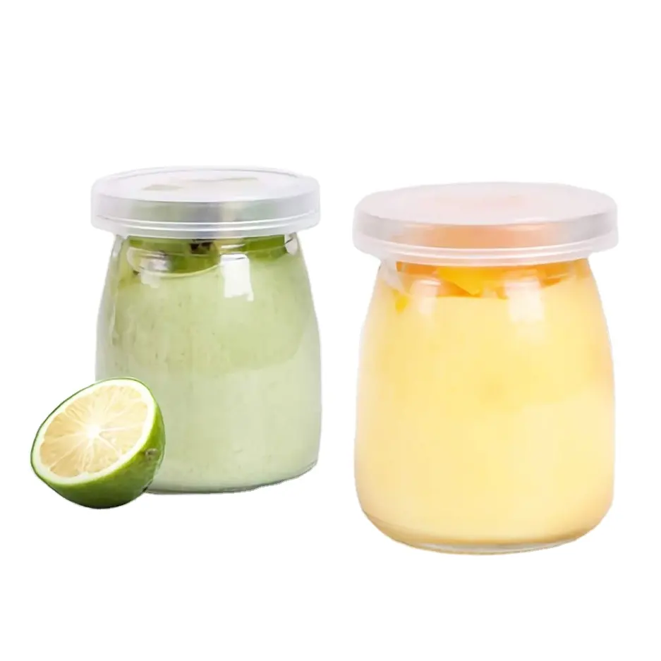 Frascos de pudín de vidrio desechables 100ML/200ML con tapa de plástico Mini frascos redondos transparentes Leche Yogurt Estampado en caliente Tapa de metal de corcho