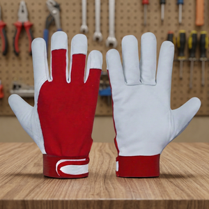 JNA Group White Red PU Leather Safety <b>Gloves</b> Anti-Slip Fingertips Elastic Wristband General Purpose 11 oz <b>Silicone</b>-free - Product Image 3