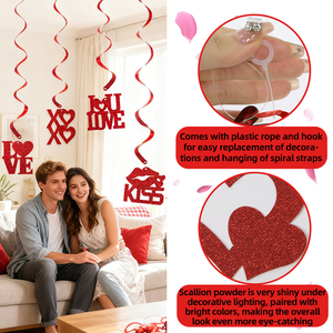 Dekorasi Gantung Spiral Hati Ganda Merah Berkilau Kustom, 6Pcs Pita Spiral Foil Valentine Ornamen Gantung Langit-langit Romantis - Product Image 6