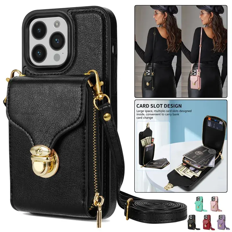 Crossbody Lanyard Leather Zip Wallet Card Phone Case For Iphone 15 14 Pro Max 13 12 11 Xs Xr X Se 2022 8 7 Plus Flip Stand Cover