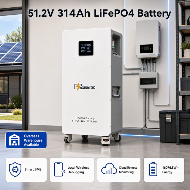 16kWh 51.2V 314Ah LiFePO4 Battery Smart BMS 6 Safety Protections Cloud Monitoring Solar Energy Storage System for Home