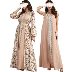 Conjunto de 2 peças de roupas islâmicas modestas estampadas por atacado Dubai Abaya para mulheres vestidos muçulmanos