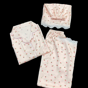 Primavera y verano nuevo encaje francés de encaje de manga corta dulce Floral niñas Casual y cómodo ropa de casa pijamas conjunto de tres piezas - Product Image 6