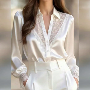 Chemisier élégant en satin avec patchwork <span class=keywords><strong>de</strong></span> dentelle pour femme, manches longues, col en V, chemise en soie, haut <span class=keywords><strong>de</strong></span> bureau, sur mesure, grandes tailles, OEM ODM - Product Image 1