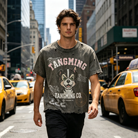 T-shirt court vintage déchiré à manches courtes pour homme, motif chien de dessin animé, bords effilochés, coupe décontractée, marque de mode urbaine personnalisée
