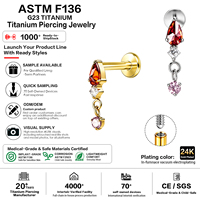 Clous de piercing labret en titane de qualité implant ASTM F136 G23, avec pendentifs en forme de goutte, carré, cœur, CZ et chaîne, plaqués or, pour piercing hélix, conch, tragus