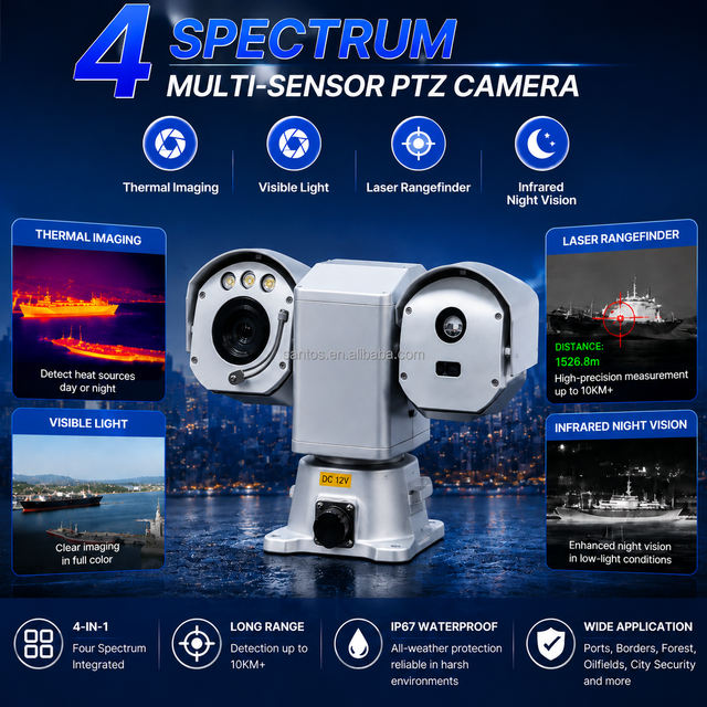 10km Border Patrol PTZ Camera Four Spectrum Thermal Imaging Night Vision Laser Rangefinder Tracking