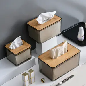 Kotak tisu transparan untuk kamar mandi, wadah penyimpanan bahan kayu plastik, penutup kotak tisu transparan