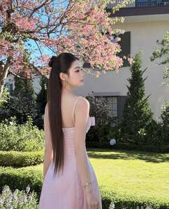 Robe de soirée longue élégante rose clair pour femme, bretelles spaghetti, nœud, robe de bal personnalisée OEM/ODM, robe de soirée estivale douce - Product Image 5