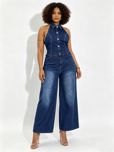 Combinaison en <span class=keywords><strong>jean</strong></span> à jambes larges pour femme, col licou, dos nu sexy, boutonnée, style salopette, tendance, avec revers, tenue en <span class=keywords><strong>jean</strong></span> une pièce - Product Image 2
