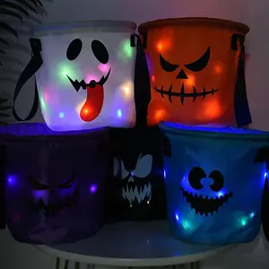 Venta caliente LED Light Halloween Decor Pumpkin Party Trick or Treat Bag Ghost Halloween Candy Gift Tote Bag para decoración de fiesta