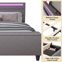 Lit plateforme rembourré de style Mid-Century Modern avec éclairage LED, port USB, vérin à gaz, rangement King Size et ottoman - KD, montage facile