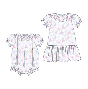 Vestido Casual de Algodón y Spandex Transpirable con Volantes para Niñas, Estilo Boutique, con Estampado Floral, para Combinar con Vestidos de Burbuja para Bebés y Hermanas, en Tejido de Lana Peinada - Product Image 1