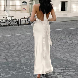Vestidos de noche de satén teñido digitalmente, a la moda, de color beige sólido, sexys y elegantes, con cuello halter, para fiesta, casuales, con espalda descubierta. - Product Image 5