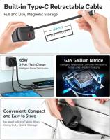 Cargador de Pared de Alta Velocidad 3 en 1 GaN de 65W con Cable Tipo-C Retráctil, Carga Rápida PD3.1 para Teléfono y Tableta, Enchufe EU, US, UK