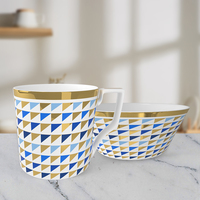 Service de table en porcelaine fine de style moderne et luxueux, imprimé géométrique bleu et or, pour hôtels, banquets et mariages