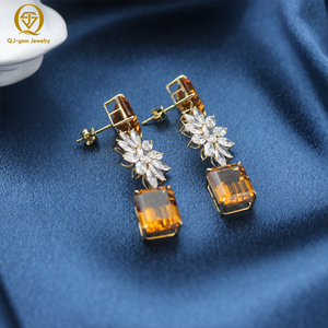 Juego de Joyería de Oro Estilo Vintage con Diamantes Corte Marquesa, Esmeralda y Topacio Amarillo Oscuro, Aretes con Diseño Floral, Regalo para Mujer - Product Image 3
