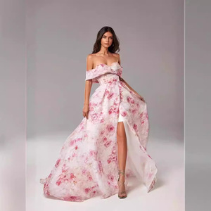 Vestido de Noche de Organza con Estampado Floral y Hombros Descubiertos, Cintura Imperio, Capa Transparente Larga, Moda Femenina - Product Image 1