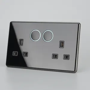 Glass Luxury House Safety Light Electrical Uk Dual Switch Dual Socket Decorative Wall Switch twin sockets