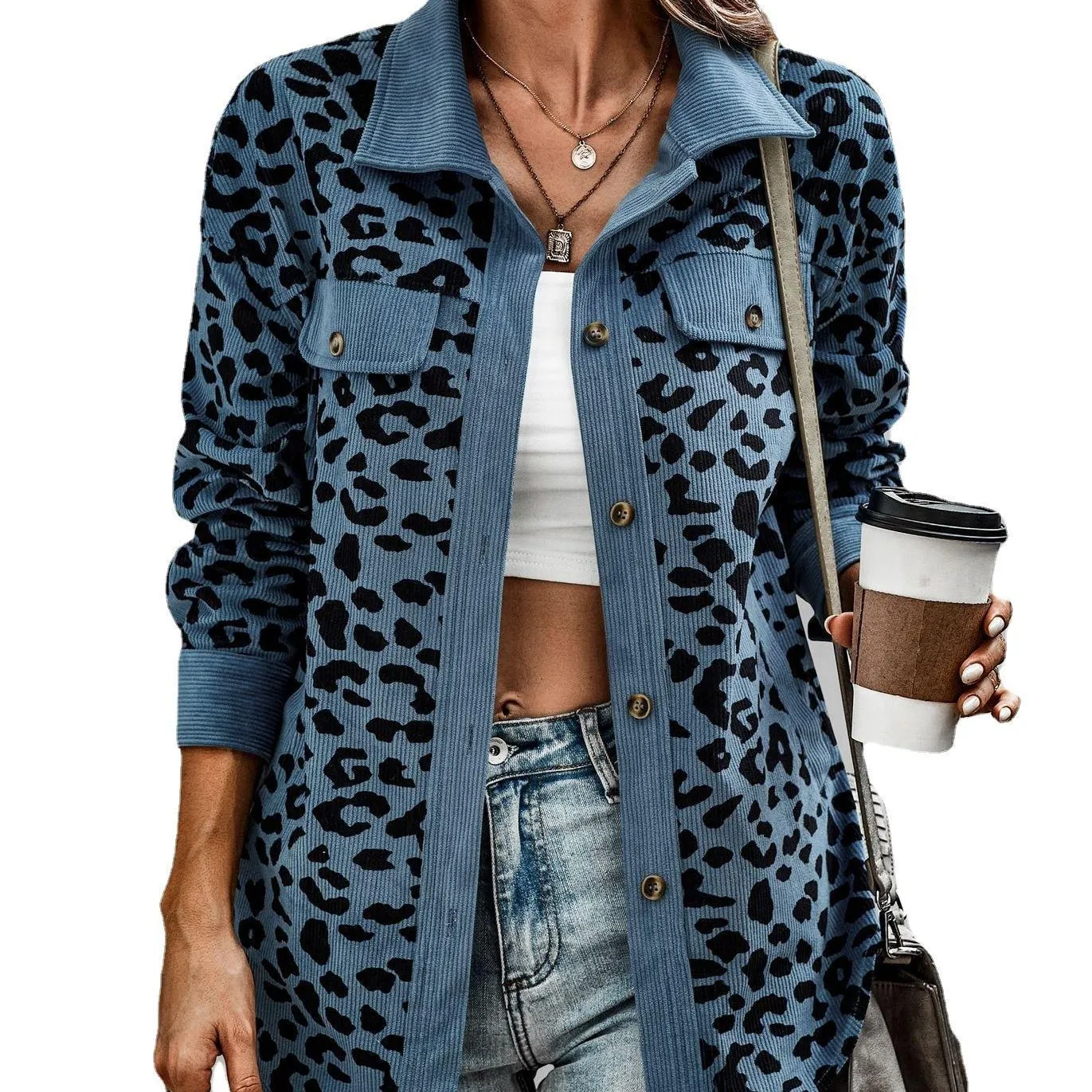 Women's Fall Winter Fashion Leopard Print Pocket Button Long Sleeve Jacket Coat Women's Corduroy Jacket