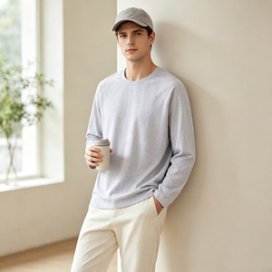 เสื้อยืดคอกลมแขนยาวผู้ชาย ผ้าฝ้ายถัก ทรงปกติ สีพื้น สวมใส่สบาย สีดำ เสื้อยืดคอกลม - Product Image 4
