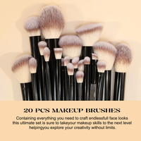 Ensemble de 20 pinceaux de maquillage professionnels personnalisés avec logo, 3 couleurs, poils synthétiques, virole en aluminium noir, manche transparent.