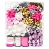 Metallic Blend Double Face 100% Polyester Gift Bows Set in Gold Silver Pink White with Glitter Foil <b>Ribbons</b> for Gift Packaging - Product Image 5