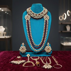 Traditional Heavy Rose Gold Bridal Accessories <b>Set</b> Red Crystal Choker Long Haram Necklace <b>Set</b> with Gemstone Drops - Product Image 3