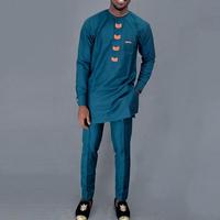 Nouveau Style Ethnique Africain à Manches Longues Brodé Traditionnel Hommes Coton Vacances Mariage Ensemble 2 Pièces Costume