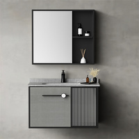 Miroir de salle de bain rectangulaire en PVC noir mat avec éclairage LED mural design moderne, comptoir en chêne, lavabo facile à nettoyer