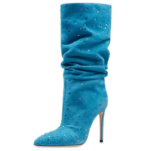 Women's Suede Diamonds Knee High Boots Sexy Pointy Toe Stiletto Shoes Woman <b>Long</b> Boots Custom Logo Sizes Booties - Product Image 6