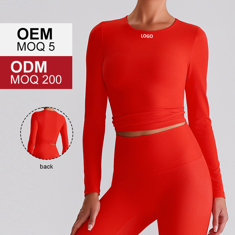 6008 Women Ribbed Quick Drying Shirt Long Sleeve Slim Yoga Top Crew Neck Sport Wear