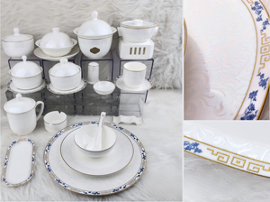 Juego de vajilla de porcelana fina de lujo con relieve, diseño floral azul y borde dorado, que incluye ollas, cuencos, platos y platillos de cerámica para hoteles de lujo y restaurantes. - Product Image 2