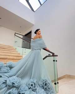 Sharon dedi SF485 lüks mavi Dubai 3D çiçek abiye pelerin A-Line uzun kadın düğün parti için balo elbisesi - Product Image 5