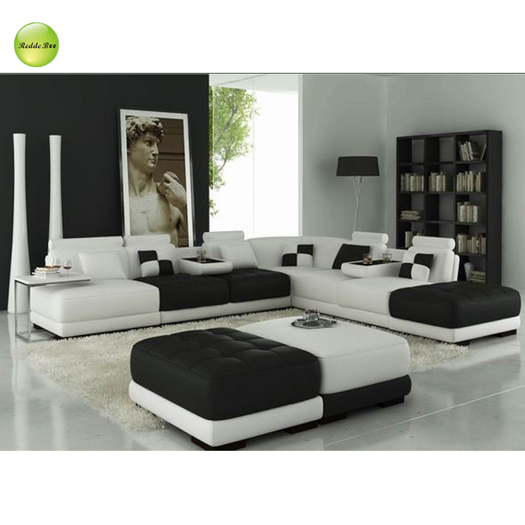 Set sofa ruang tamu kustom pabrik, sofa kulit Italia warna hitam dengan set sofa model baru 5004