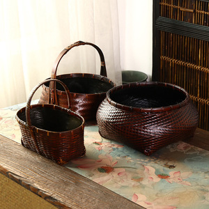 Bamboo Woven Charcoal <b>Basket</b> Round <b>Storage</b> Container For Living Room Neatening Use - Product Image 1