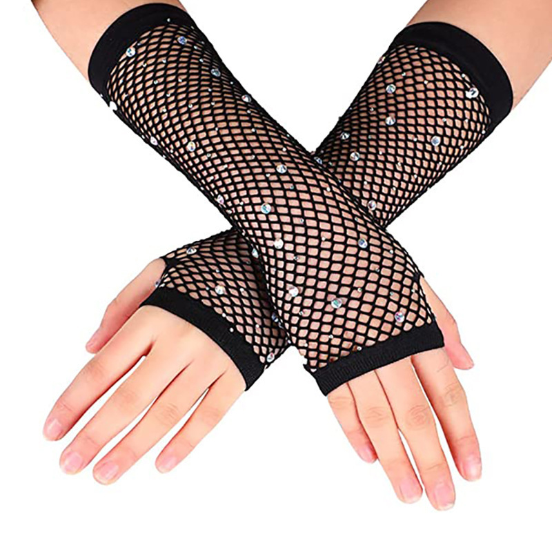 Vente en gros de gants en nylon spandex femme sexy gants en résille sans doigts longs gants en maille strass