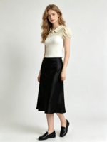 Haut en tricot côtelé à pois avec col Peter Pan pour femme, style rétro, manches courtes bouffantes, coupe courte, chemisier quotidien élégant pour femme