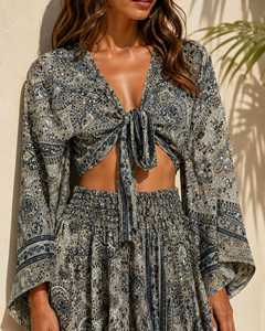Boho Paisley Tie Front Crop <b>Top</b> <b>Flowy</b> Maxi Skirt Two Piece Resort Wear Set Women's Holiday Celebration Silk Chiffon Natural - Product Image 5