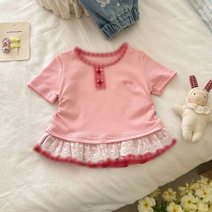 TongXingYuan Girls Summer Cotton Two Piece Set Pink Top With Lace Denim Shorts For Toddlers - Product Image 4