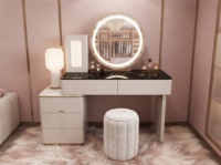Table de maquillage moderne et tendance en bois massif avec miroir et tiroir de rangement éclairé pour chambre à coucher, appartement, maison